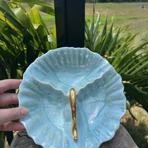 Vtg CG USA Pottery Warranted 22 Kt Gold Divided Aqua Lusterware Serving Dish